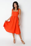 Orange Square Neck Linen Midi Dress