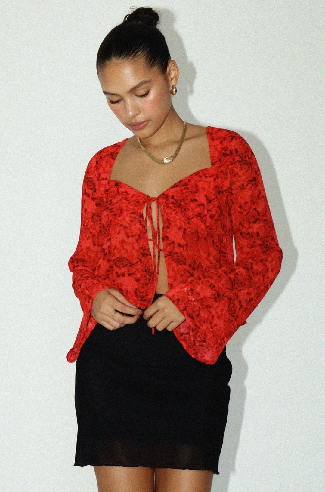 Red Floral Mix Front Tie Top