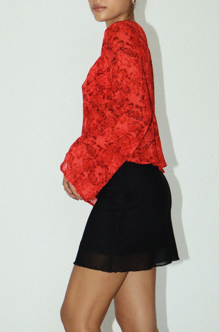 Red Floral Mix Front Tie Top