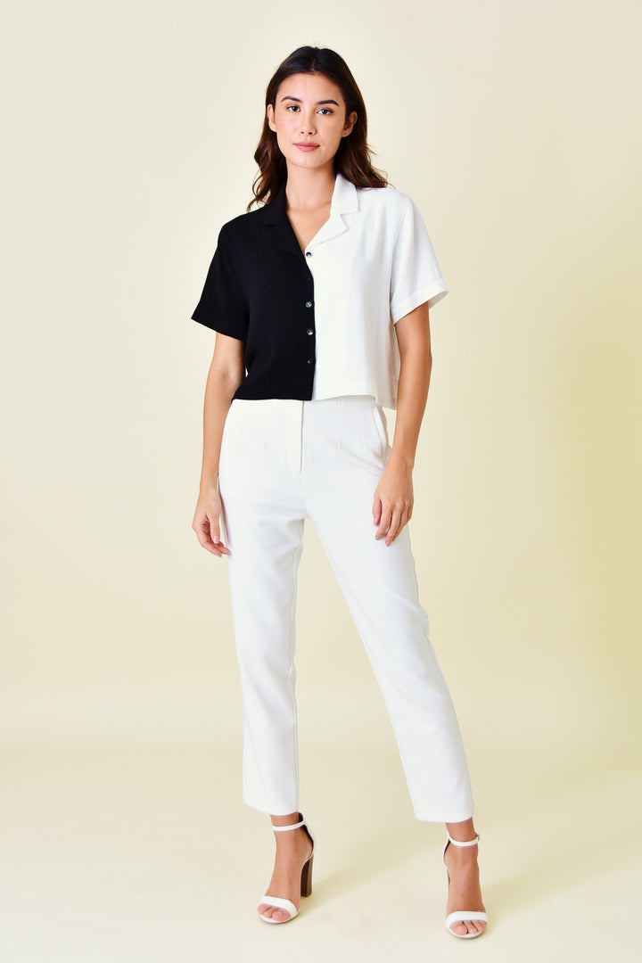 Short Sleeve Linen Contrast Top