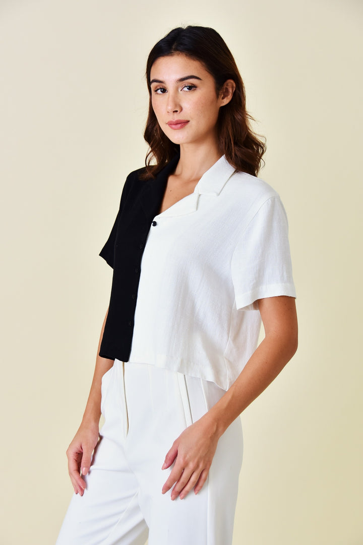 Short Sleeve Linen Contrast Top