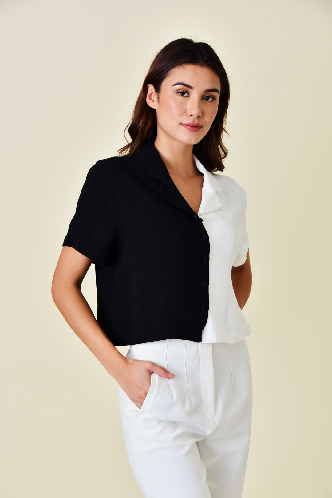 Short Sleeve Linen Contrast Top