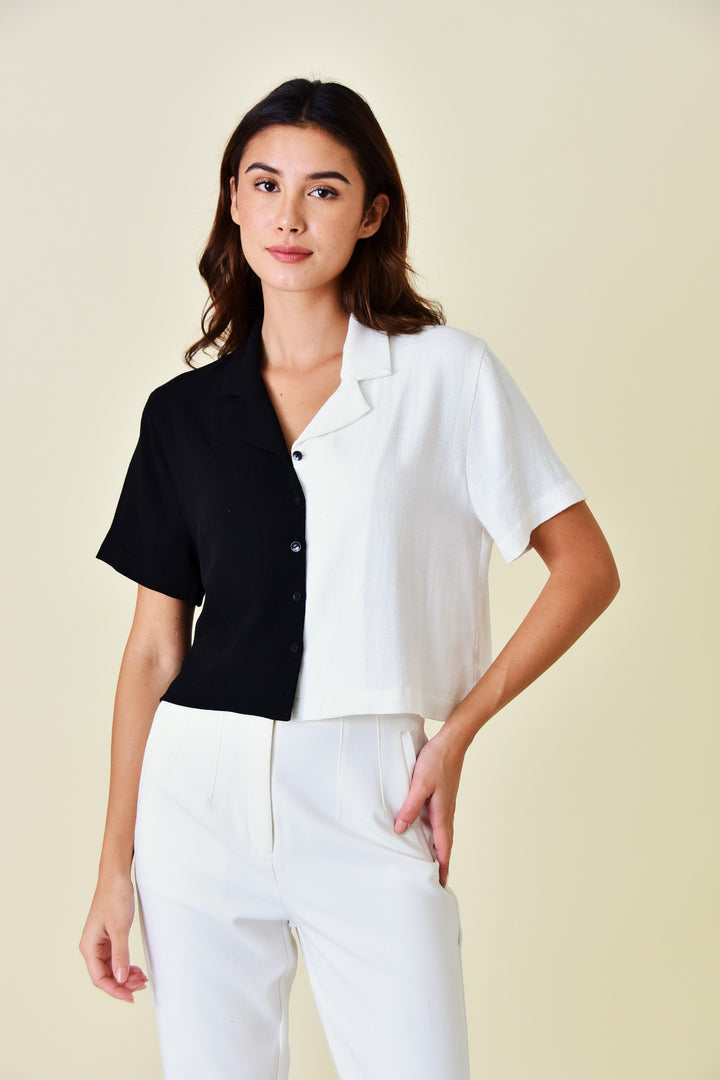 Short Sleeve Linen Contrast Top