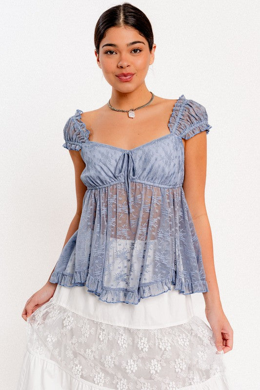Baby Blue Cap Sleeve Lace Top