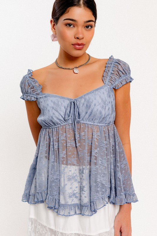 Baby Blue Cap Sleeve Lace Top