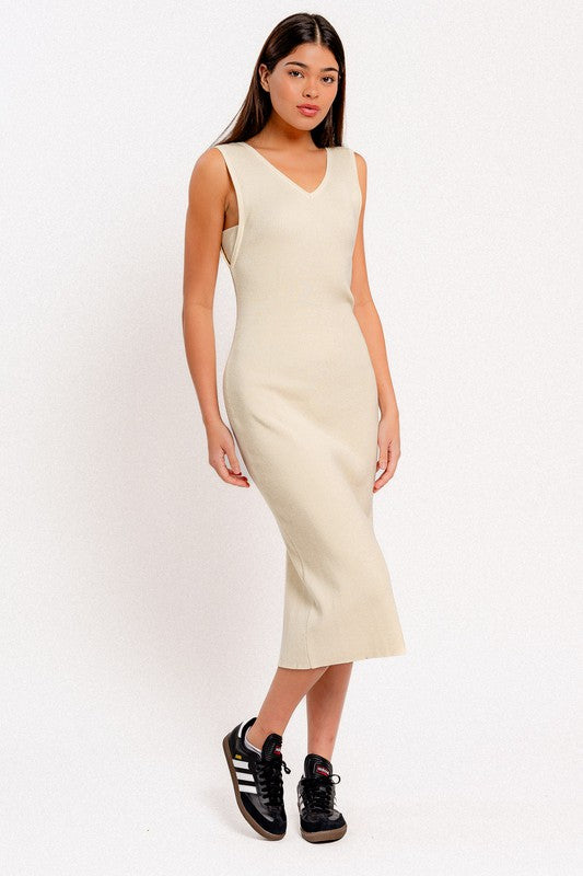 Cream V-Neck Sleeveless Midi Dress