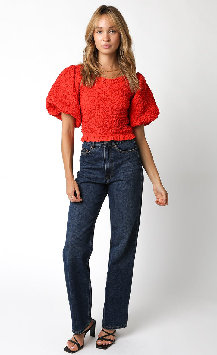 Red Puff Sleeve Textured Top