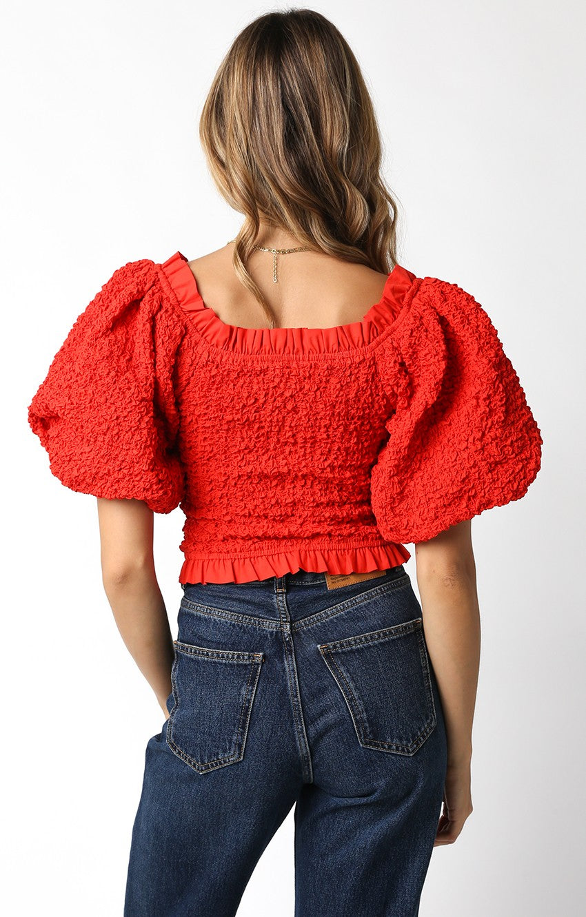 Red Puff Sleeve Textured Top