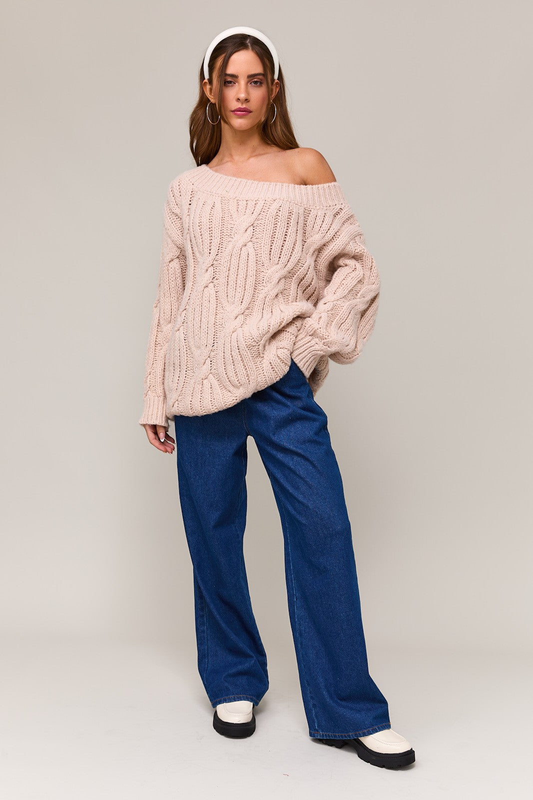 Off Shoulder Cable Sweater Top