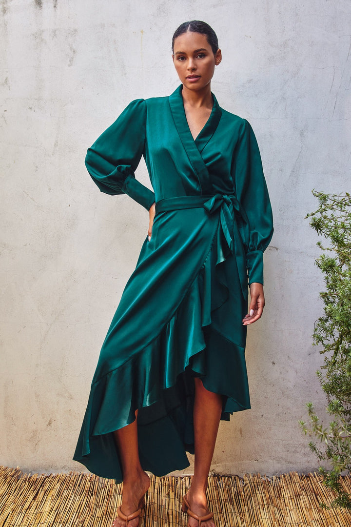 Satin Ruffled Midi Wrap Dress