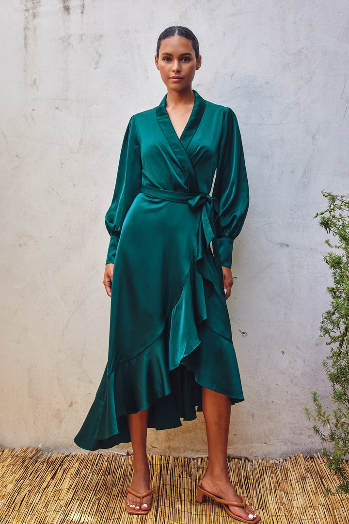 Satin Ruffled Midi Wrap Dress