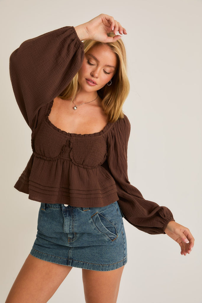 PUFF LONG SLEEVE SMOCKED BABY DOLL TOP – Too Tempted