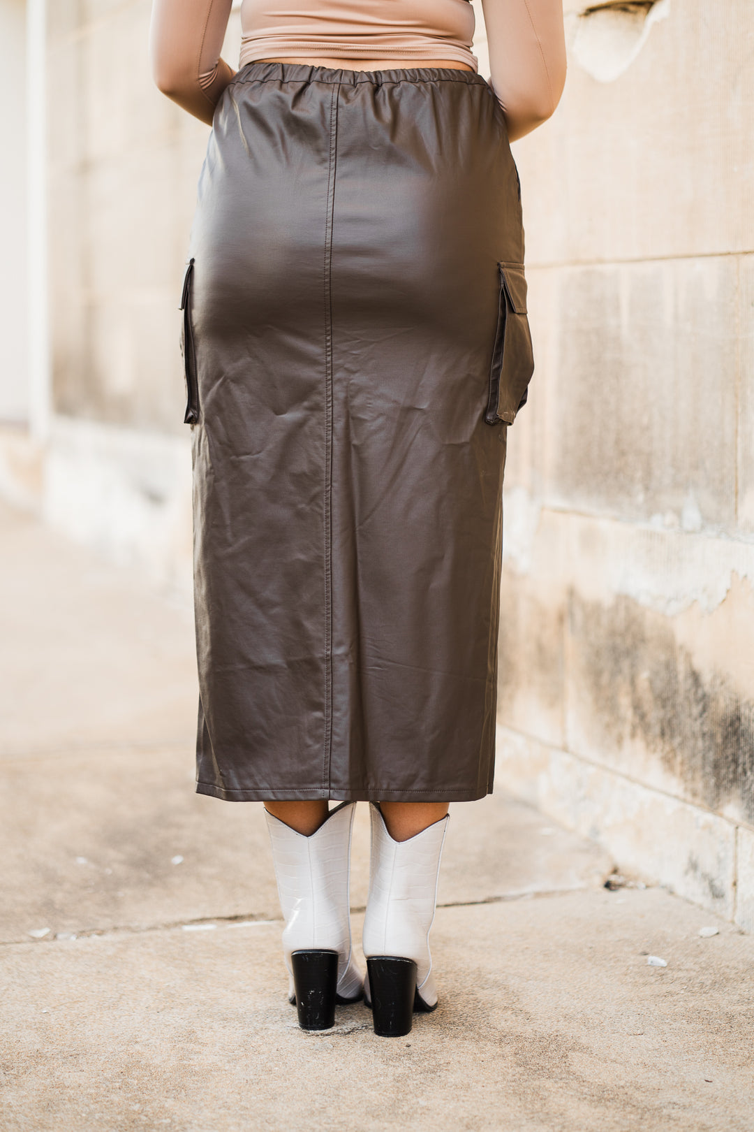 Brown Faux Leather Cargo Midi Skirt